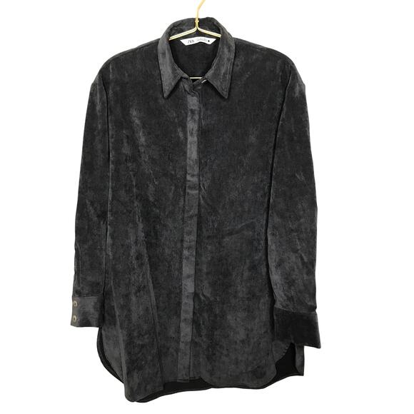 ZARA Corduroy Button Down Mini Shirt Dress Shacket S Charcoal Gray - Picture 1 of 12